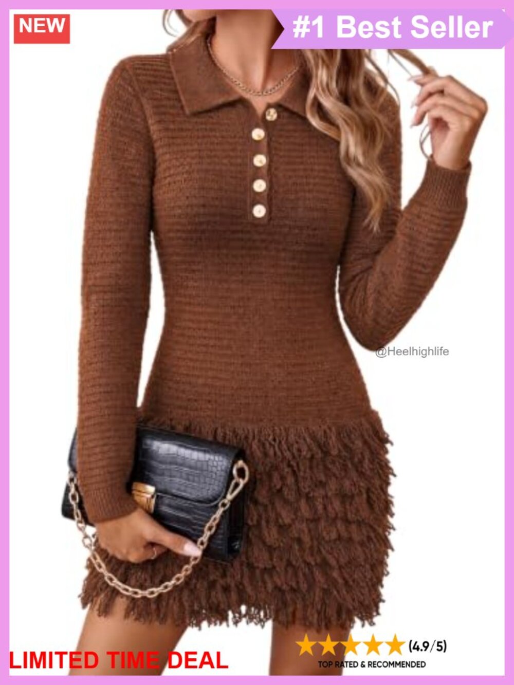 Fringe Sweater Dress Button Collared Knit Pullover Mini